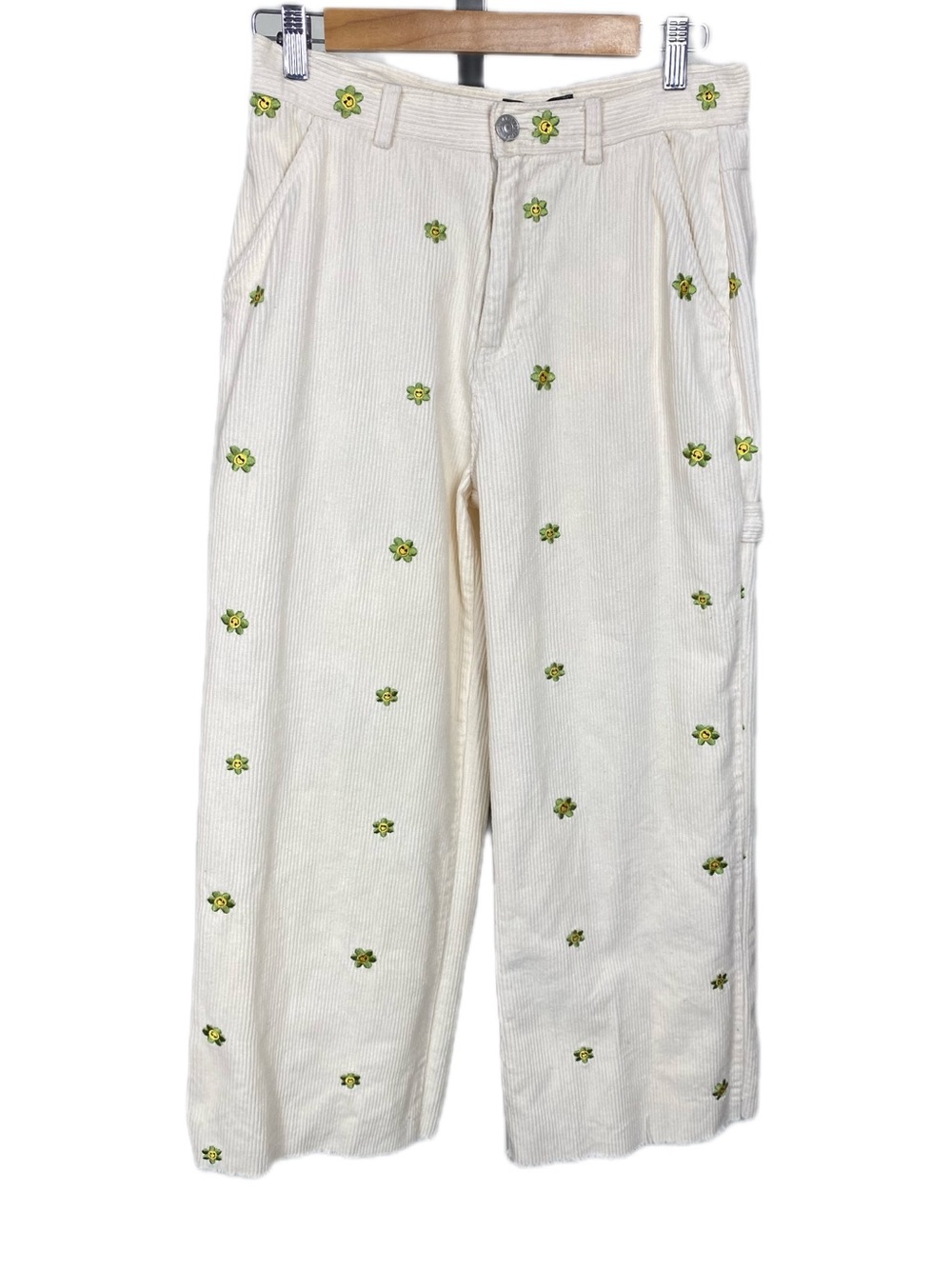 Forever 21 White Corduroy Embroidered Floral Smiley Face Wide Leg Pants Size M